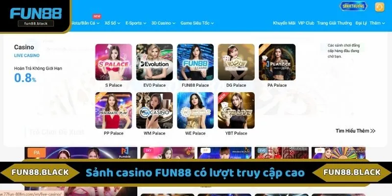 Sảnh casino FUN88 có lượt truy cập cao
