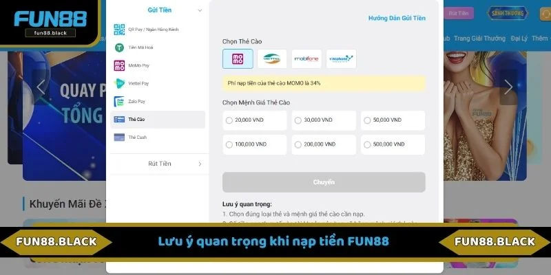 Lưu ý quan trọng khi người chơi nạp tiền FUN88